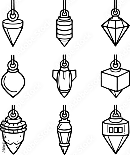 Set of nine unique hanging crystal pendant illustrations in various shapes and designs