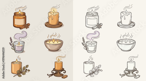 Collection of hand-drawn illustrations of various scented candles with aromatic elements like cinnamon sticks and lavender sprigs.