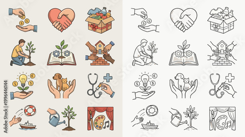 Collection of colorful and line art icons representing charity, volunteering, and community support activities.