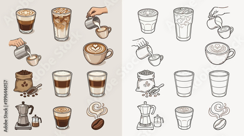 Collection of coffee drinks and preparation elements, including latte art, moka pot, and coffee beans.