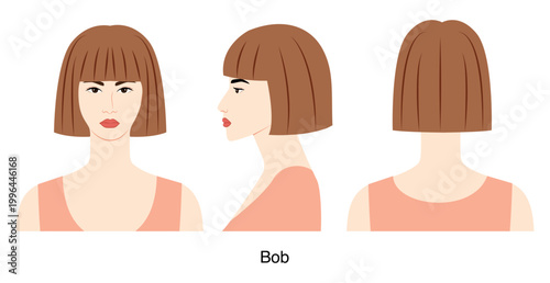 Bob hairstyle vector front back profile views, natural haircut shape with bangs for beauty salon, hairdresser reference, fashion illustration, hairstyle selection, graphic layout