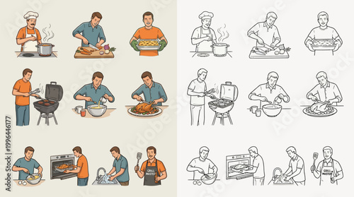 A collection of illustrations depicting various stages of food preparation and cooking, from chopping ingredients to serving a meal.