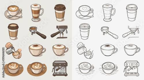Collection of hand-drawn coffee drinks and equipment, showcasing various latte art, espresso machines, and to-go cups.