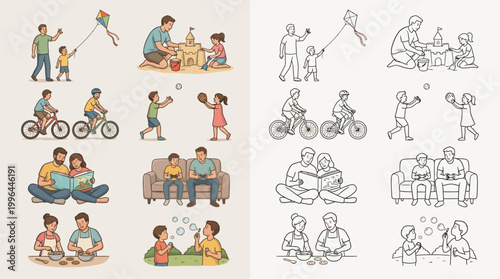 Happy family activities illustration set, parents and children playing, riding bicycles, reading together, cartoon characters collection, parenting lifestyle scenes, bonding moments, flat clipart for 