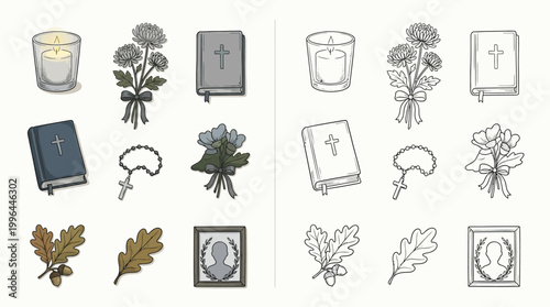 A collection of funeral and memorial icons, including candles, flowers, Bibles, rosaries, oak leaves, and memorial portraits.