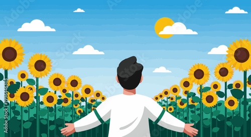 Person with open arms admiring sunflower field on sunny day