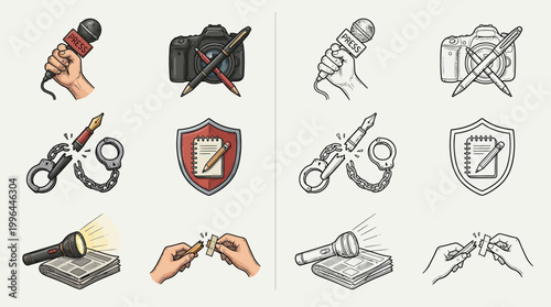 Collection of icons representing freedom of the press, journalism, and censorship, including microphones, cameras, handcuffs, and notebooks.