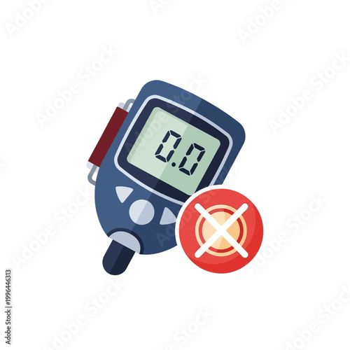 Glucose Meter with Red Error Cross Icon - Flat Illustration for Diabetes Management Problems and Medical Device Failure