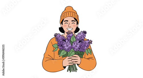 Happy person in orange beanie holding bouquet of purple lilac flowers
