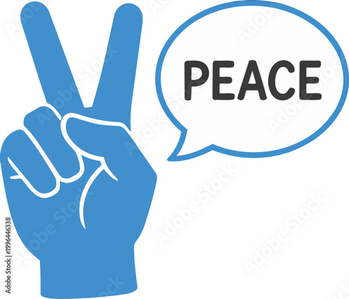 Bright blue flat vector hand making a peace sign with a speech bubble reading 'PEACE' on a plain white background, suitable for activism campaigns, social media posts, community unity outreach.