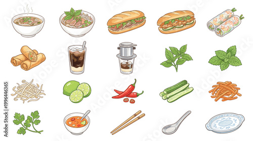 Vietnamese food and drink vector set with pho, banh mi, spring rolls, coffee, herbs, chopsticks, sauce and fresh Asian cuisine ingredients