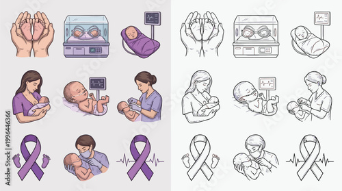Collection of icons depicting newborn care, including premature babies, incubators, breastfeeding, and medical monitoring.
