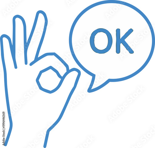 Bright blue hand-drawn line art vector of an OK hand gesture with an 'OK' speech bubble, flat minimalist style, ideal for chat interfaces, social media stickers and messaging app design assets.
