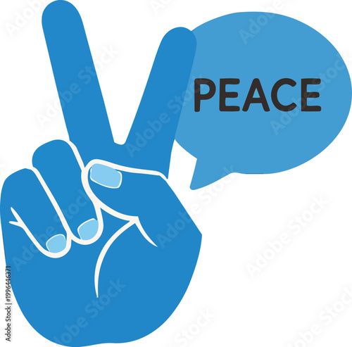 Bright blue hand gesturing a peace sign with a light blue speech bubble reading PEACE, flat vector illustration, ideal for anti-war advocacy, social media posts and community outreach initiatives.