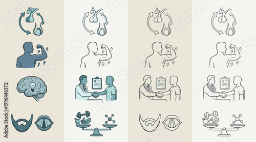 A collection of icons representing various aspects of health, business, and science, presented in a stylized, hand-drawn aesthetic with multiple color variations.