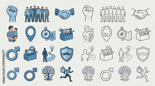 Collection of blue and grey icons representing various concepts like teamwork, family, business, and personal growth.