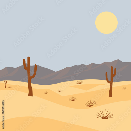 Minimalist desert landscape illustration with sand dunes, saguaro cacti, and mountains under a bright sun