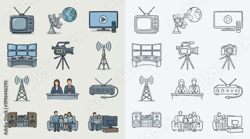 Collection of broadcast and media production icons, including televisions, cameras, and broadcasting equipment.