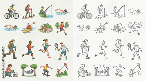 Collection of line art illustrations depicting various outdoor recreational activities and sports for men, women, and children.