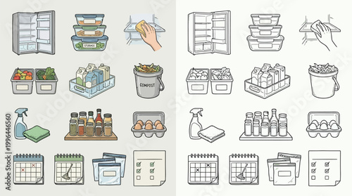 A comprehensive visual guide illustrating various aspects of food storage, organization, and maintenance within a kitchen or pantry setting.