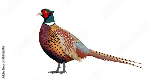 Pixel art common pheasant bird standing profile view, vibrant plumage with brown, orange, and green details, isolated on white