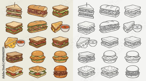 A collection of colorful and black and white illustrations of various sandwiches, burgers, and other handheld food items.