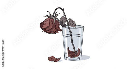 Wilted rose in glass illustration symbolizing sadness, loss, and decay
