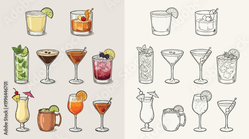 A collection of colorful and monochrome illustrations of various cocktails and mixed drinks in different glassware, garnished with fruits and mint.