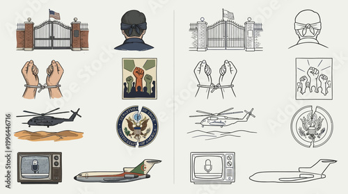 A side-by-side comparison of two sets of illustrations depicting various symbols and objects related to government, power, and conflict.