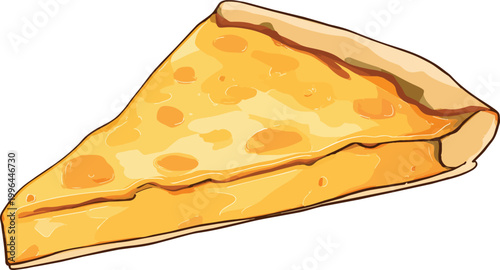 Cartoon vector illustration of a melted cheese pizza slice with golden crust, isolated on white, ideal for restaurant menus, food blog graphics and fast food advertising.