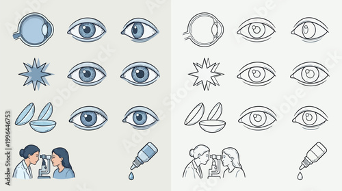 Collection of eye care and vision-related icons, including anatomical diagrams, eye conditions, contact lenses, and an eye exam.