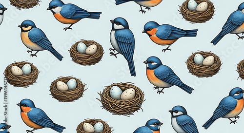 pixel art pattern of blue birds and nests with eggs, seamless repeating design for wallpaper or fabric