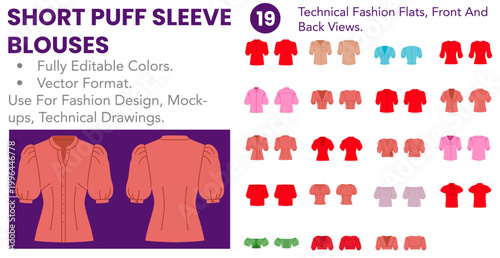 Short Puff Sleeve Blouses set with editable technical fashion flats, front and back views, color versions, short puff sleeves and feminine silhouettes. Vector illustration