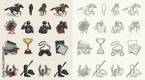 Collection of detailed illustrations and sketches related to horse racing, including jockeys, horses, trophies, and racing equipment.