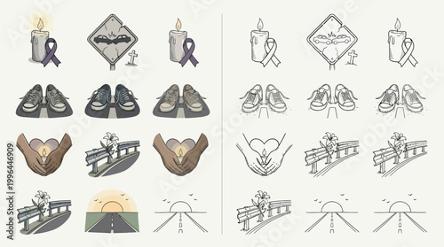 A collection of symbolic icons representing remembrance, loss, and hope, including candles, shoes, hands, and road imagery.