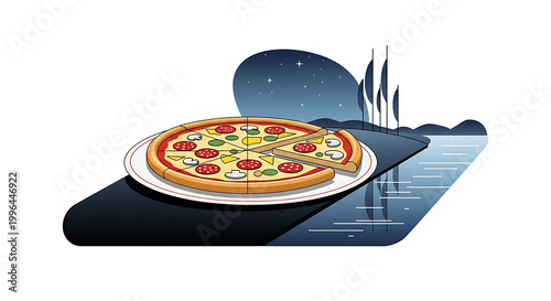Pixel art pizza on a plate, with a stylized night landscape and water reflection, food illustration, retro gaming style
