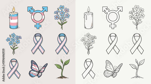 A collection of symbols representing transgender pride and remembrance, including candles, transgender symbols, forget-me-not flowers, ribbons, butterflies, and growing plants.