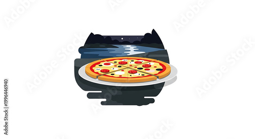 Pixel art pizza on a plate with a nighttime landscape of water and mountains behind, retro game aesthetic