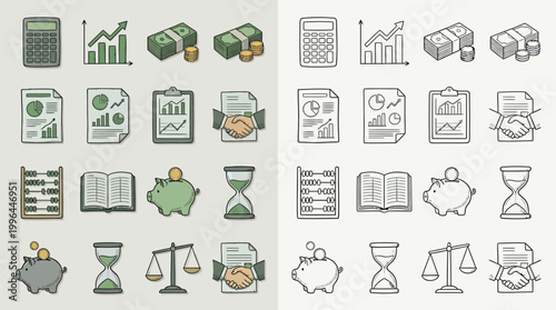 A collection of colorful and outline icons representing various financial and business concepts, including calculators, charts, money, documents, and piggy banks.