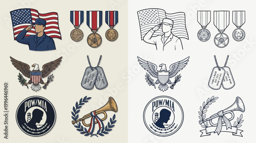 Foto Collection of American military symbols including flags, medals, dog tags, eagles, POW emblems, and bugles, presented in both color and outline styles