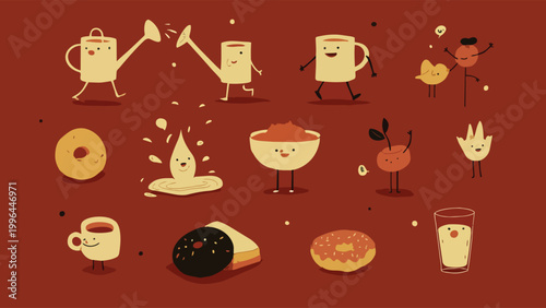 Cute anthropomorphic breakfast and drink character set, flat vector illustration on deep red background, concept for café branding, children's menu design, family breakfast event promotion.