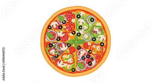 Pixel art pizza with diverse toppings, cut into slices, isolated on white, ideal for digital menus or game assets