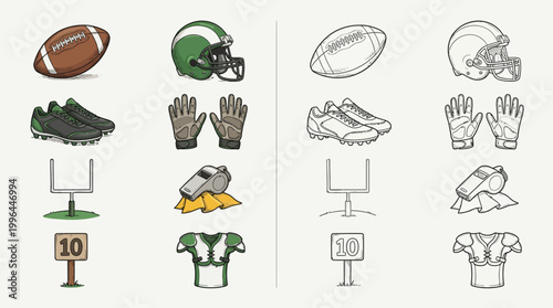 Photos Collection of American football equipment and symbols, presented in both color and outline versions