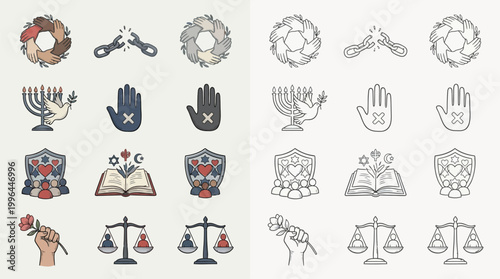 A collection of diverse symbols representing unity, diversity, justice, and peace, presented in both color and outline versions.
