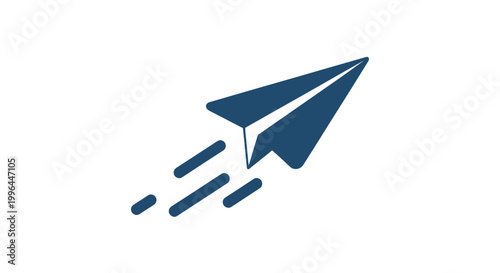 Blue paper airplane flying fast with motion trails, isolated on white background