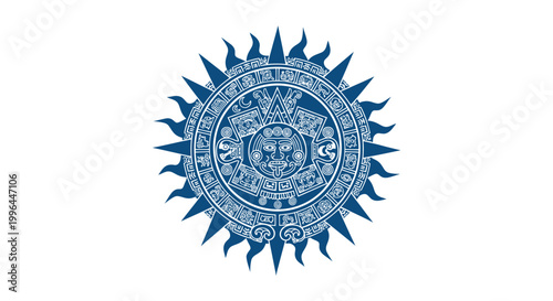 Ancient Aztec Sun Stone Calendar Symbol, Blue Ornate Emblem on White Background