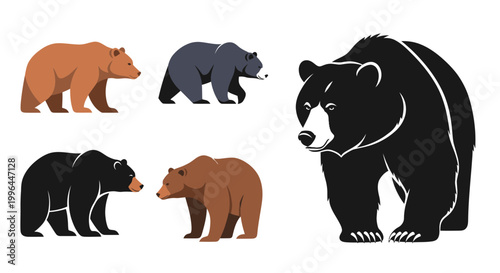 Diverse Bear Collection: Brown, Black, and Grizzly Bears in Flat Design