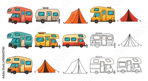 Collection of Cartoon RVs and Tents for Camping and Road Trip Adventures