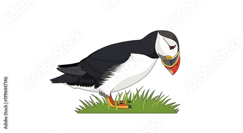 Pixel art puffin bird standing on green grass, side view, isolated on white background, colorful beak