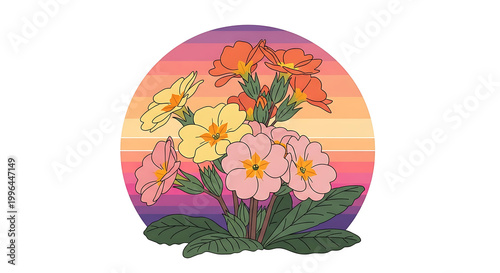 Pixel art primrose flowers blooming at sunset, vibrant retro gradient background, nostalgic nature illustration